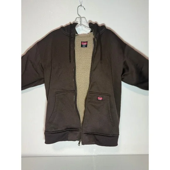 Wrangler Sherpa Lined Hooded Jacket Brown Fleece Lined Zip Up Workwear Size M - Picture 4 of 11